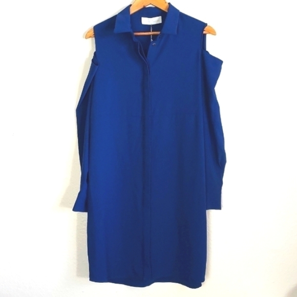 NEW Amanda Uprichard Button Front Long Sleeve Cold Shoulder Blue Dress Large - Picture 1 of 11